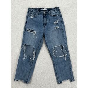 Altar'd State High Rise Distressed Straight Leg Jeans Women Size 29 Medium Wash